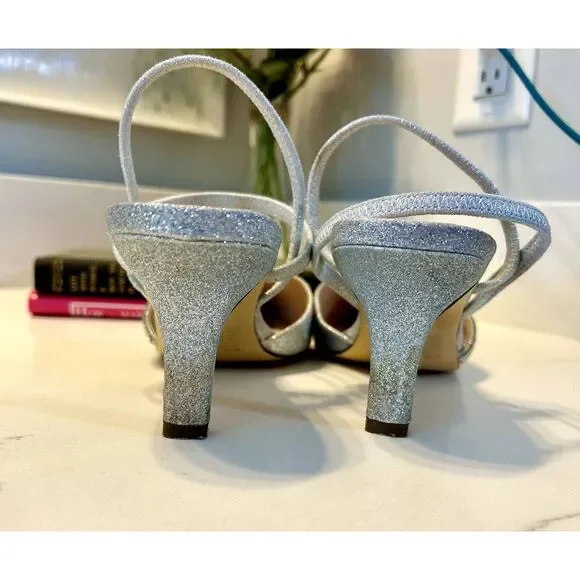 I. Miller Silver Glitter & Rhinestone Strappy Pumps for Formal Occasion Size 8.5 - Picture 6 of 9